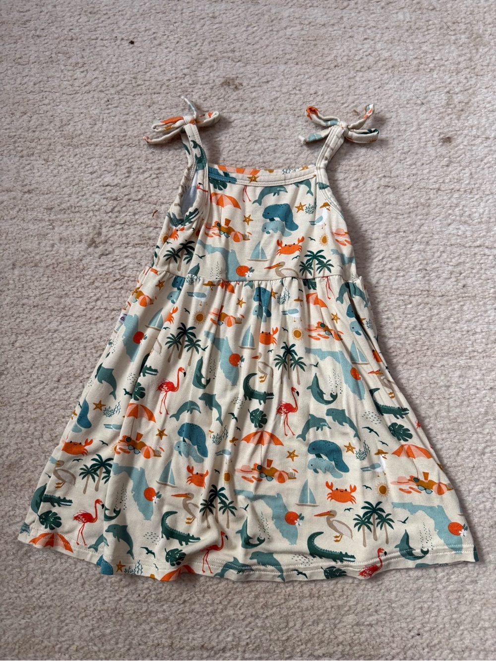 Girls' Cream Beach Animal Bamboo Dress with Teal & Orange Accents